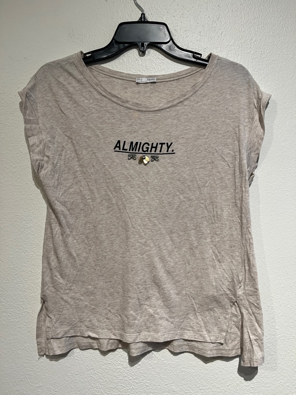 Zara W Collection Beige Graphic 'ALMIGHTY' Short Sleeve Tee with Rhinestones